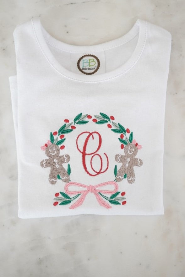 Long Sleeve Youth Girl Holiday Embroidered Tee - Wreath Initial