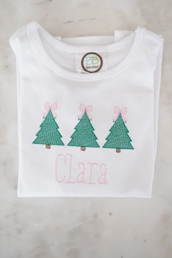 Long Sleeve Youth Girl Holiday Embroidered Tee - Three Christmas Trees